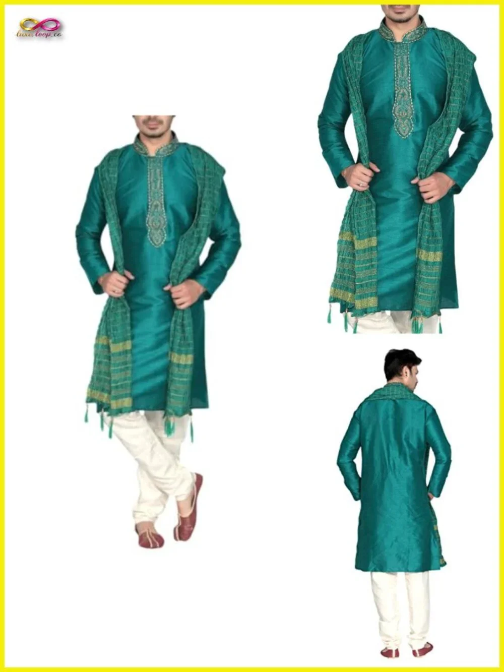 3-Piece Kurta Pyjama Set with Gold Embroidery - Men's Sleep Sets